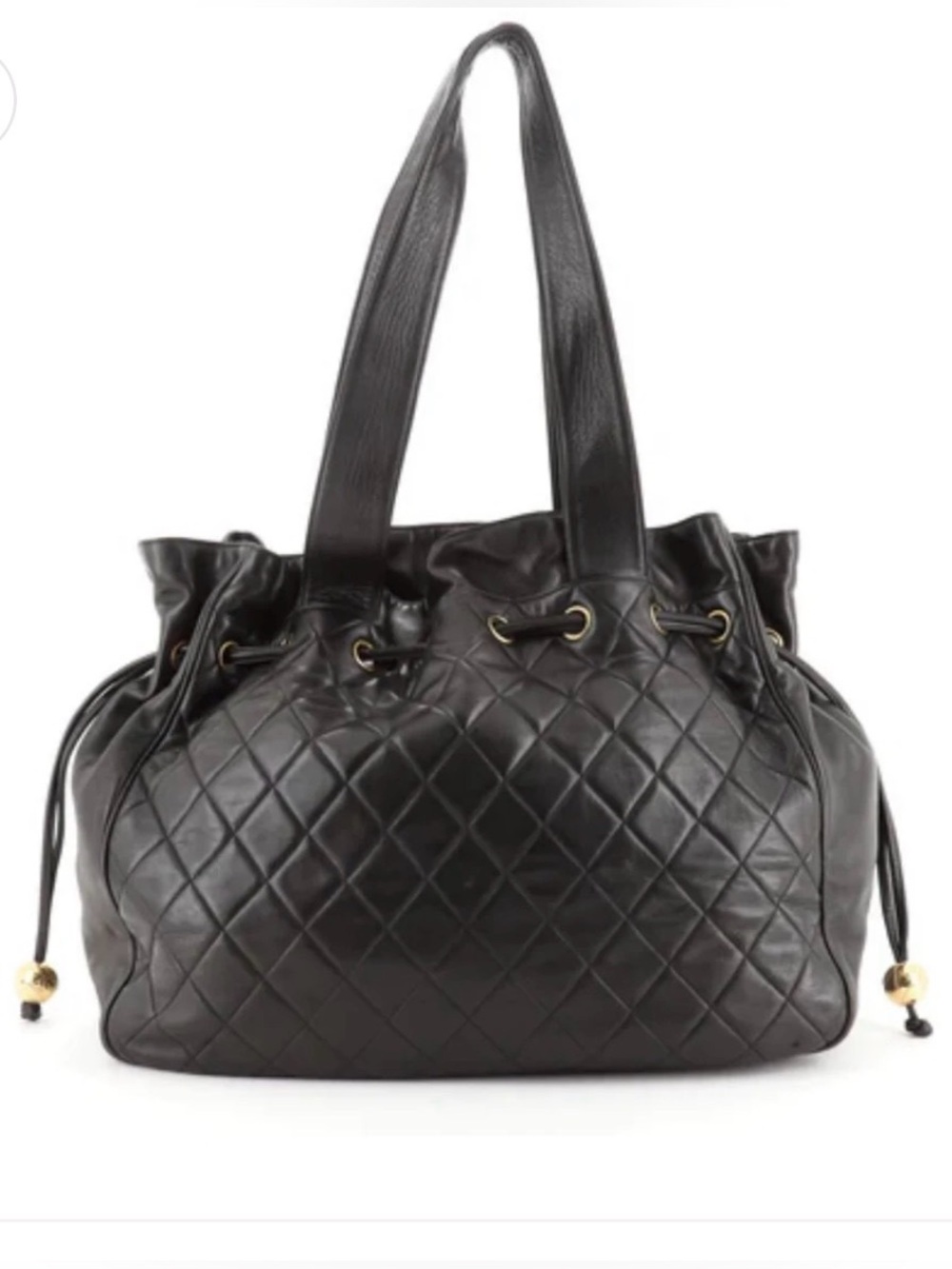 Chanel Vintage Quilted Leather Drawstring Tote Bag with Gold CC Charms – Large